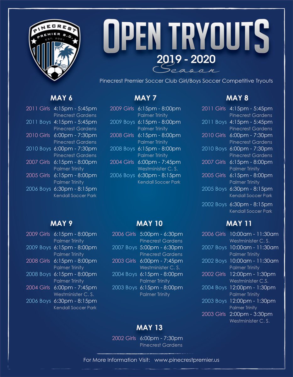 Tryout times and dates are here.  Come be apart of the Pinecrest family.  #pinecrestpremier #ppsc #pinecrest #2019 #tryouts #pinecrestpride