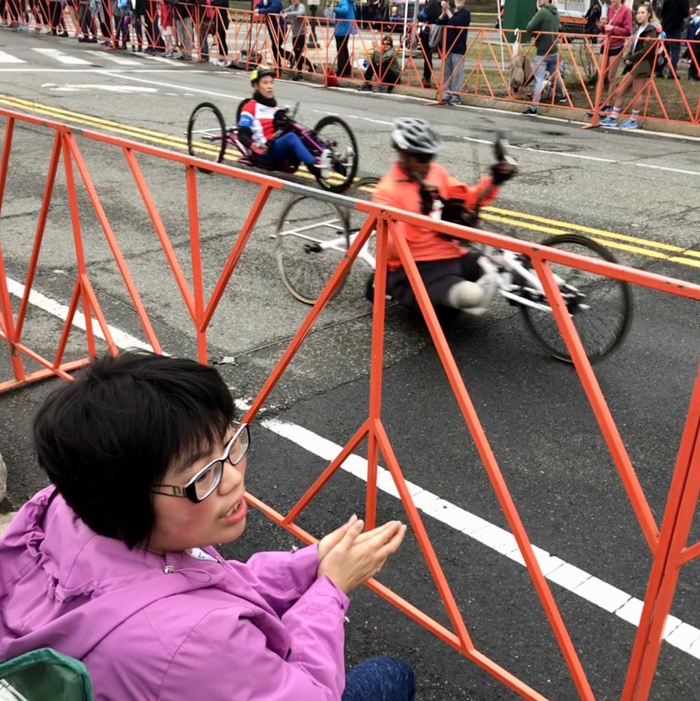 L4Laugh's tweet photo. Cheering for Boston Marathon Runners: 1st wave is wheelchair challengers arrived at Heartbreak Hill - weather is better than last year’s - I hope to run/walk one day! for @AU_Newton @bu_yell #ProjectTEAMTuesday https://t.co/i0SztFokYR
