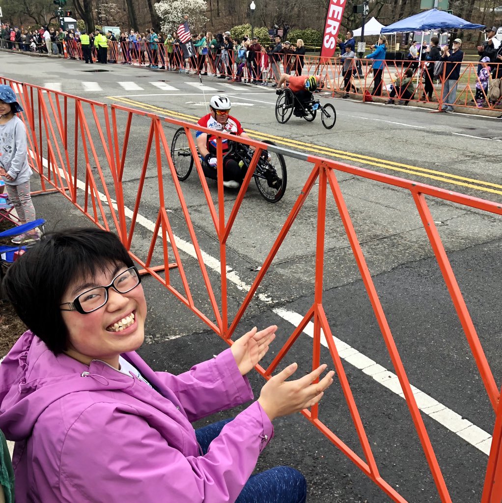 L4Laugh's tweet photo. Cheering for Boston Marathon Runners: 1st wave is wheelchair challengers arrived at Heartbreak Hill - weather is better than last year’s - I hope to run/walk one day! for @AU_Newton @bu_yell #ProjectTEAMTuesday https://t.co/i0SztFokYR