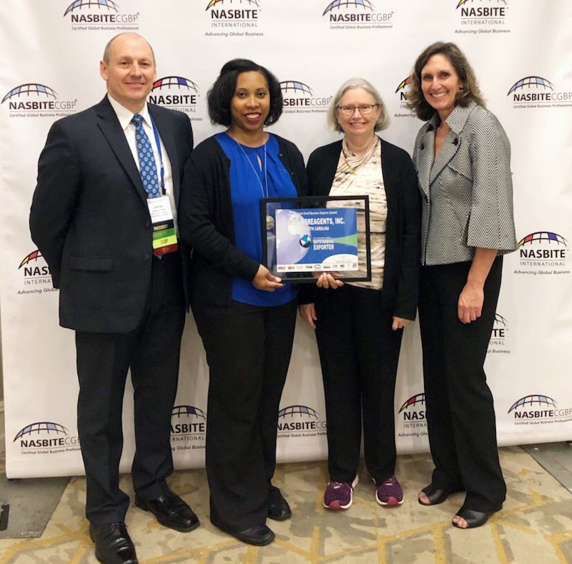 ImmunoReagents's tweet photo. ImmunoReagents receives 2nd Nasbite International Outstanding Exporters Award in Savanna, GA on April 9, 2019. IR was attending the conference as a featured speaker after receiving an award last year, & was honored to be awarded this recognition again. @NASBITE_Int #nasbite https://t.co/qbGKV0wvCE