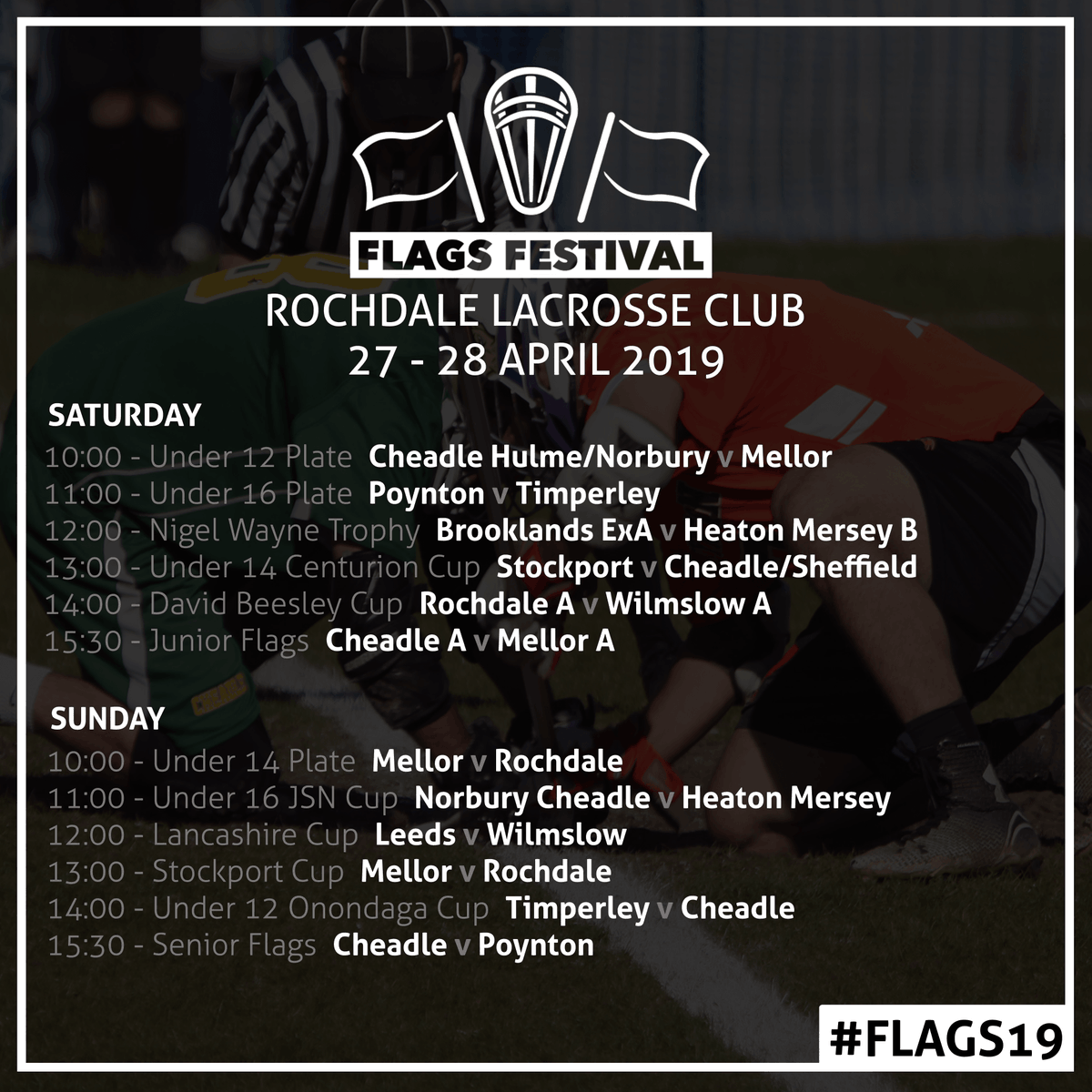 englacrosse's tweet photo. 🚩Two weeks to go until NEMLA Flags Finals weekend! 

A fourth consecutive @PoyntonLacrosse v @CheadleLacrosse Senior Final but can Cheadle end Poynton's three-in-a-row streak?

#FLAGS19 https://t.co/PNH4SXO0Ur
