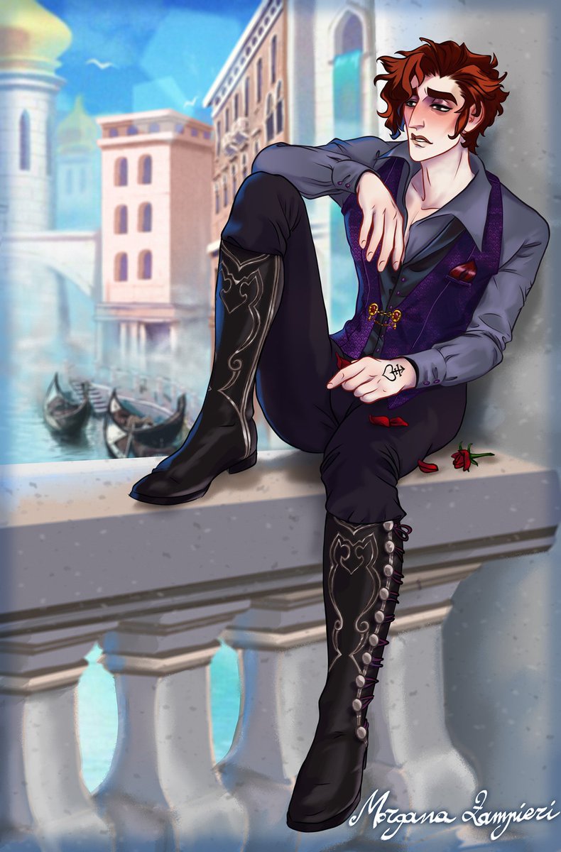 RiamiDevorak's tweet photo. The idea of this drawing was this song's fault 😝:
"Kiss while your lips are still red.Drown into eyes while they're still blind. Love while the night still hides the withering dawn"
(part of the background and Julian are from #TheArcanaGame)
#juliandevorak #vesuvia #venice https://t.co/WuZ5uwRt5D