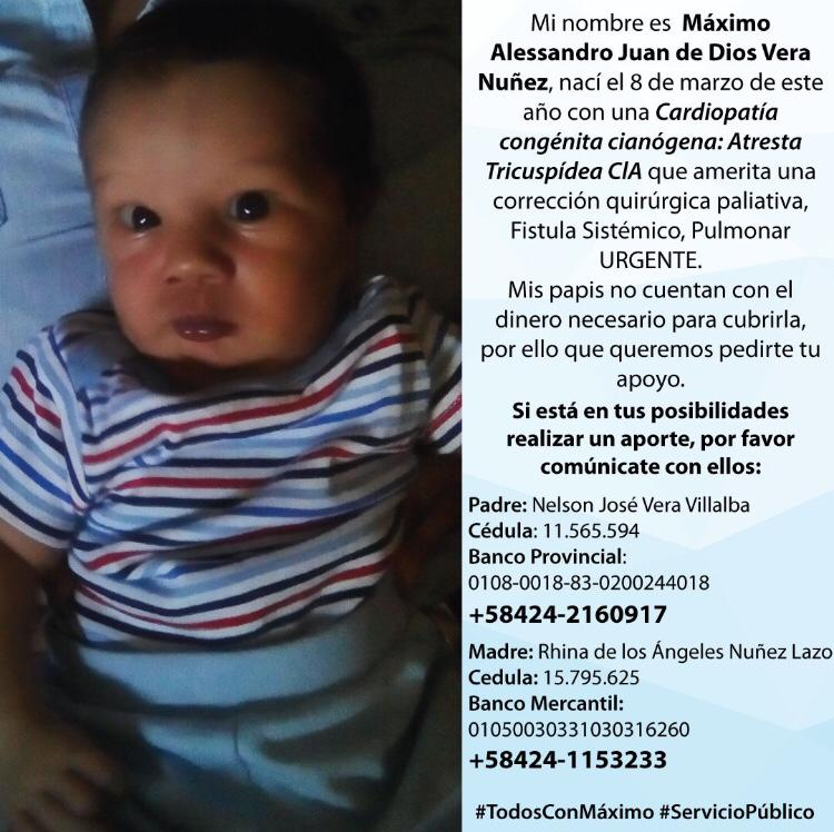 ElNacionalWeb's tweet photo. #ServicioPúblico Máximo Alessandro Vera nació con una cardiopatía congénita cianógena: Atresta Tricuspídea CIA que amerita una corrección quirúrgica y necesitan el aporte de quienes puedan colaborar. Contacto: 0424 1153233 https://t.co/grVmqA4PaT