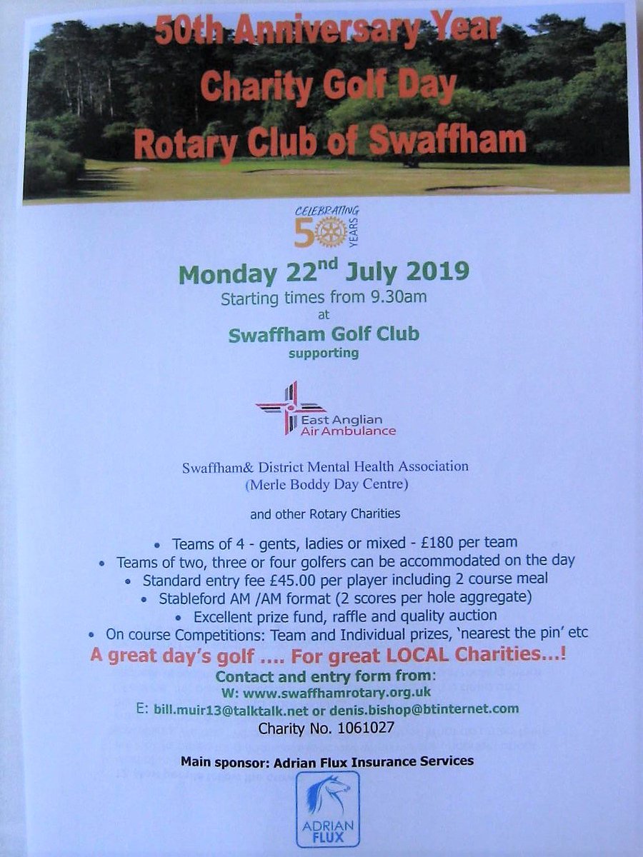 DenisBishop2's tweet photo. Calling all golfers in Norfolk &amp; beyond!
Swaffham Rotary 2019 Charity Golf Day supporting East Anglian Air Ambulance and Swaffham &amp; District Mental Health Association at Swaffham GC …. one of the most enjoyable golf courses in the county!
See details and contacts below.... https://t.co/Nh3gicC1kB