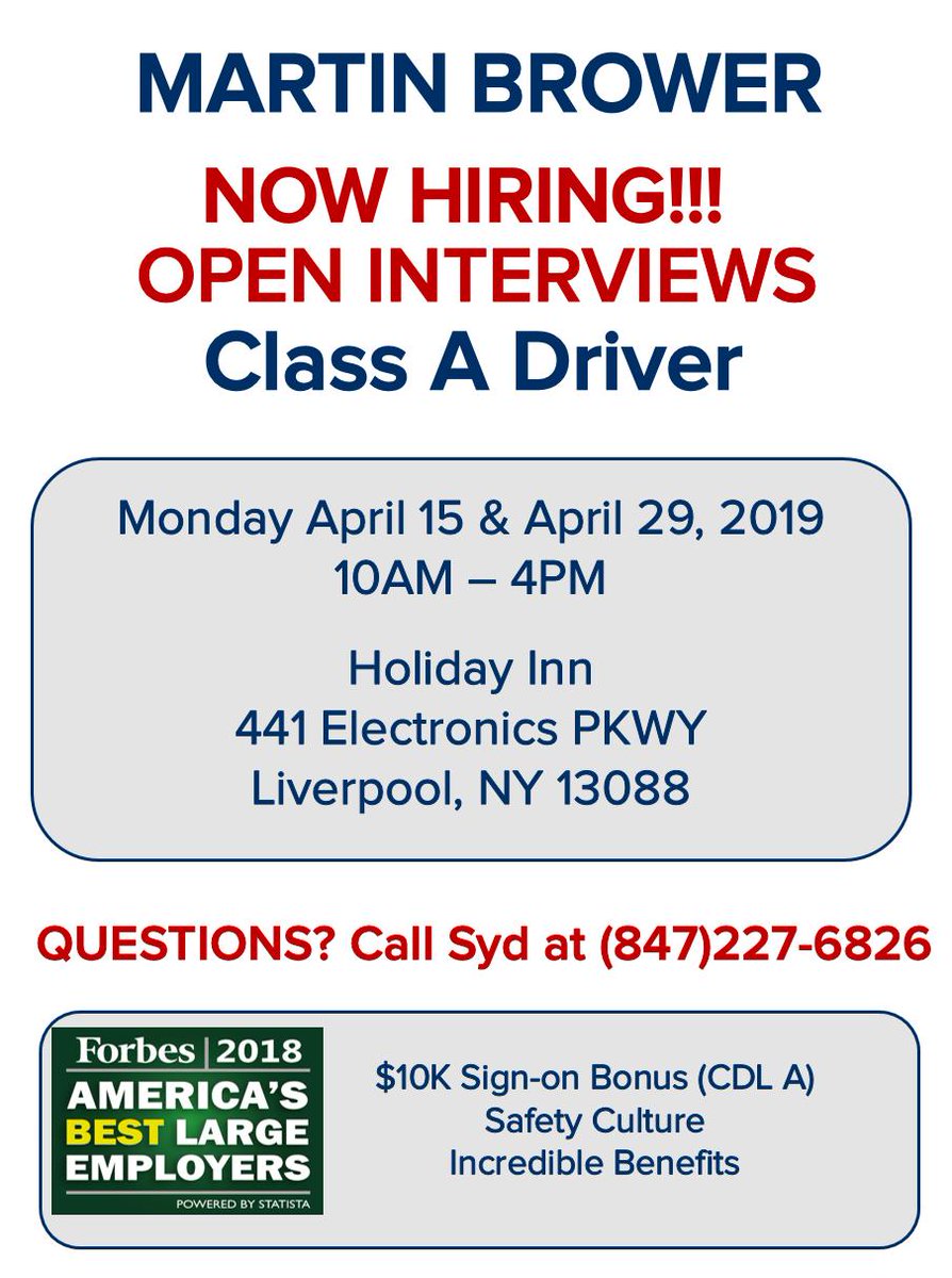 Come join <a href="/MBHires/">Martin Brower</a> at our upcoming #OpenInterviews sessions! We'd be pleased to meet you! #MBHires #careerfair #HiringNow #NowHiring #Classadrivers #openinterviews #Drivers #driverjobs #newyorkjobs