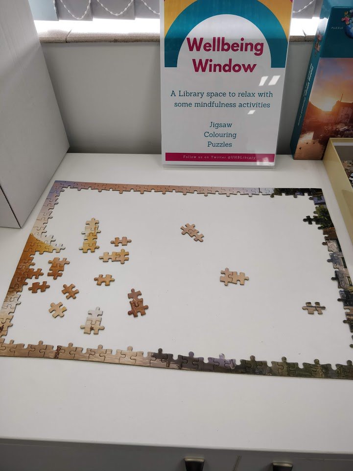 UHBLibrary's tweet photo. It's #StressAwarenessMonth - if you're visiting our library at Solihull make sure to visit the #WellbeingWindow and take a few minutes out with our jigsaw, puzzle books and mindful colouring - it's important to look after yourself! https://t.co/6TsGKhDWC7