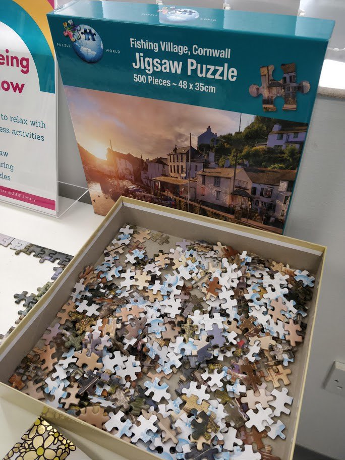 UHBLibrary's tweet photo. It's #StressAwarenessMonth - if you're visiting our library at Solihull make sure to visit the #WellbeingWindow and take a few minutes out with our jigsaw, puzzle books and mindful colouring - it's important to look after yourself! https://t.co/6TsGKhDWC7