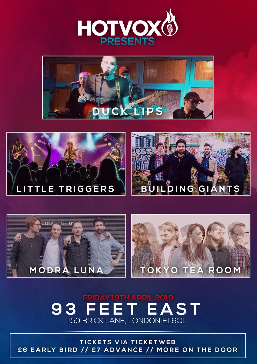 Hot_Vox's tweet photo. THIS FRIDAY!!!
Don't miss #DuckLips plus #LittleTriggers, #BuildingGiants, #ModráLuna and #TokyoTeaRoom. Live at @93FeetEast, #BrickLane, #Shoreditch, #EastLonon on #Friday 19th #April 2019.
TICKETS: https://t.co/y1DymZNQKN
#HotVox #London #Music #NewMusic #LiveMusic #UK https://t.co/PUjqHDFUSL