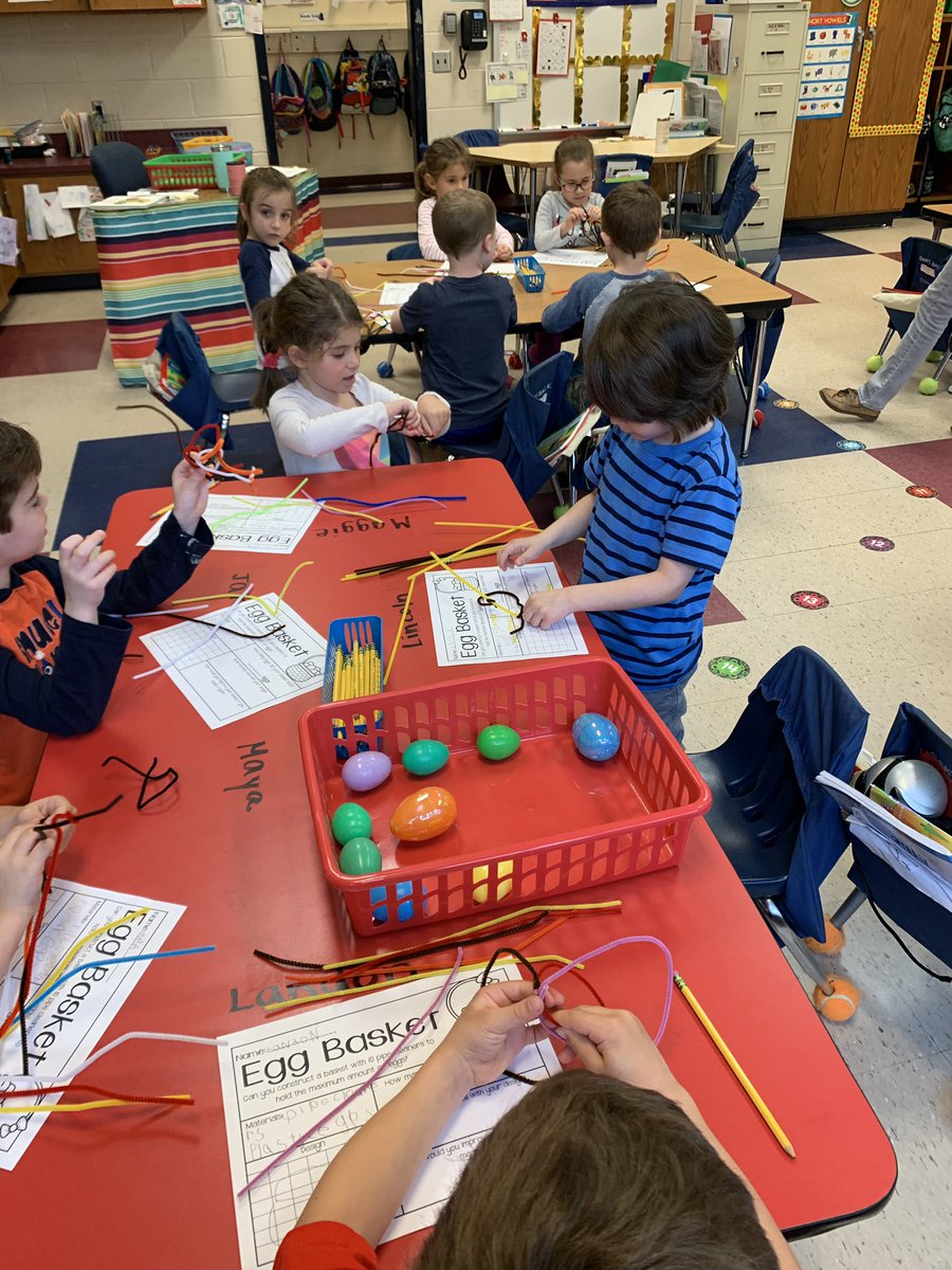 MrsMurphy_Tatem's tweet photo. Here the kindies are trying to construct a basket with 10 pipe cleaners! They want to see how many eggs their basket can hold. Great time to teach about a #growthmindset and #believinginyourself #springstem #easterstem #kindergartenstem #tatemtigerpride @JFTatemES https://t.co/B7pqLB5mY9