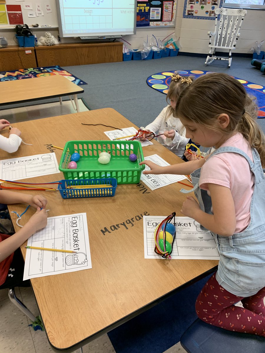 MrsMurphy_Tatem's tweet photo. Here the kindies are trying to construct a basket with 10 pipe cleaners! They want to see how many eggs their basket can hold. Great time to teach about a #growthmindset and #believinginyourself #springstem #easterstem #kindergartenstem #tatemtigerpride @JFTatemES https://t.co/B7pqLB5mY9