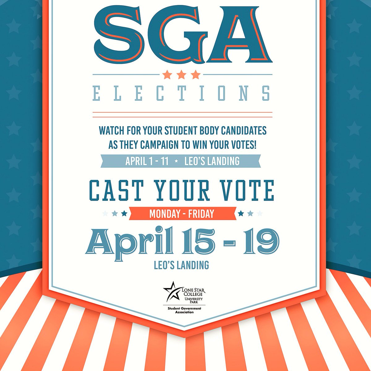 upstudentlife's tweet photo. Voting is now open for @LSC_UP Student Government Association! Check your mylonestar email for the email titled "Vote for SGA!" Click on the picture in the email to cast your vote. *Voting is open until April 19. One ballot per student.* #sga #lscup #vote https://t.co/hVNtHRV7Lv