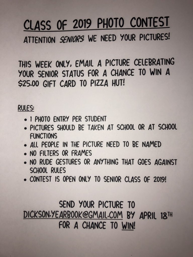 •SENIORS• send in your school appropriate pictures by April 18th for a chance to win a $25 gift card to Pizza Hut!🍕