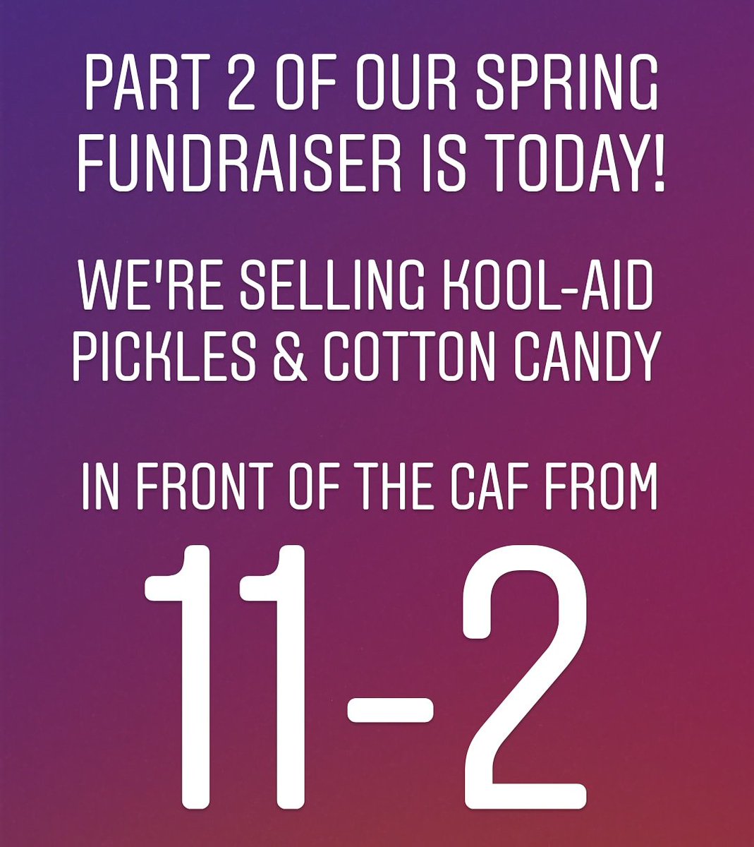 Purpose_APSU's tweet photo. Part 2 of our spring fundraiser is TODAY in front of the Caf from 11-2!! Stop buy to get a Kool-Aid pickle and cotton candy! #POP #PurposeOnPurpose #Spring https://t.co/OjYDEIRKQJ
