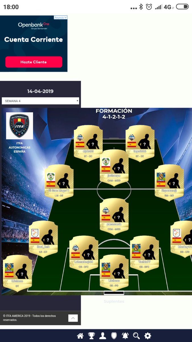 (XBOX)
JORNADA 4.
ITFA BALEARES sigue en su línea y no hay nada que lo pare. Empate a puntos en la segunda y tercera plaza entre ITFA MADRID e ITFA ANDALUCIA. 
11 de la semana:
itfa-global.pro/xbox/divisione…