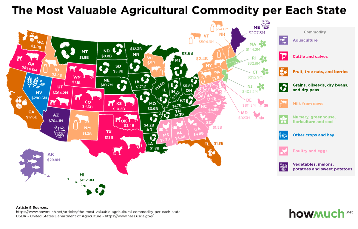 TheLandExperts's tweet image. The Most Valuable Agricultural Commodity per Each State. 

California is #1 with the highest-value agricultural commodity: $17.6 Billion in fruit, tree nuts, and berries. 

bit.ly/2KTlaRl