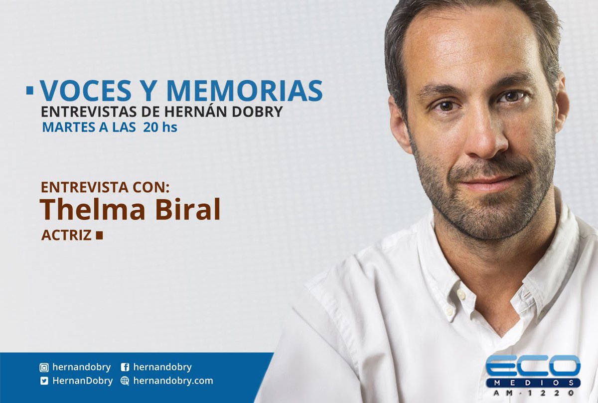 Mañana a las 20, entrevistaré a la actriz Thelma Biral en mi programa "Voces y memorias" por Eco Medios1220 AM 1220Mhz. Hablaremos de su obra Aire Fuego, que protagoniza junto a Francisco Pesqueira en el Maipo Kabaret, y de su trayectoria ¡No te la pierdas! #Teatro
