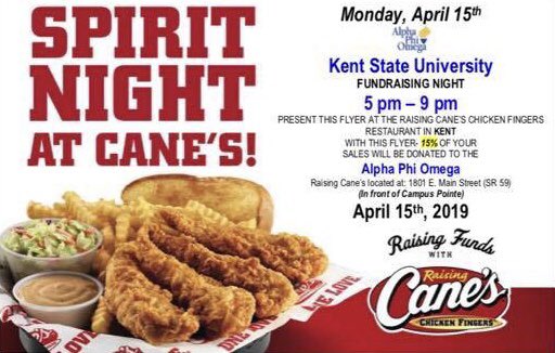Winner winner chicken dinner! Come and celebrate the beginning of a new week with Alpha Phi Omega! From 5-9 today at the Cane’s in Kent you can help us raise money! Stop on by and show them this flyer! 🐓🍟
