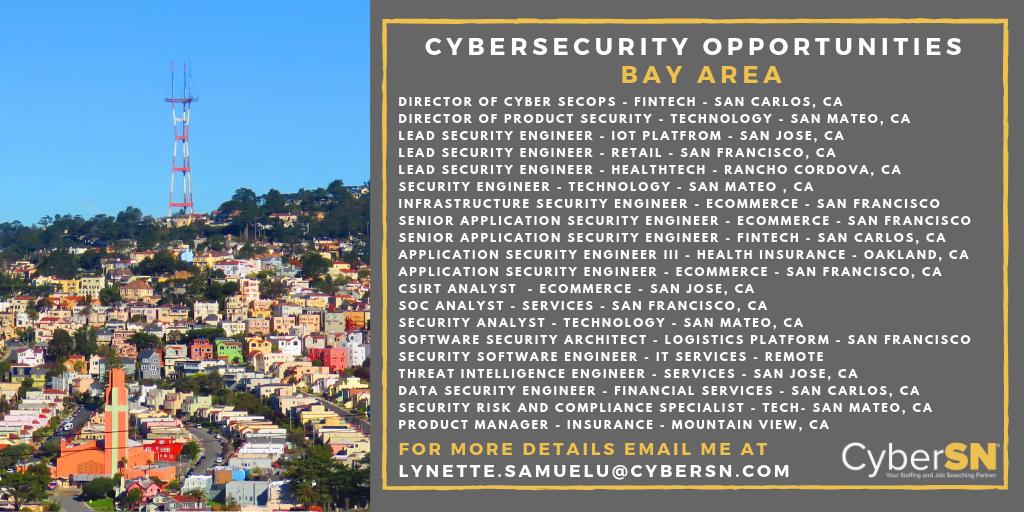 _cybernette's tweet image. Happy Monday! My team is filling numerous cybersecurity opportunities throughout the Bay Area! My team is setting up interviews this week! 

Email me at lynette.samuelu@cybersn.com for more details!

#cybersn #cybersnjobs #appsec #incidentresponse #cyberjobs