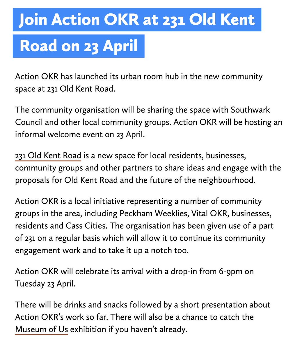 Event now listed on oldkentroad.org.uk .Drop in between 6pm -9pm on 23/04/19 to find out about what we are doing to engage with the redevelopment of Old Kent Road and how you can get involved and have your say.