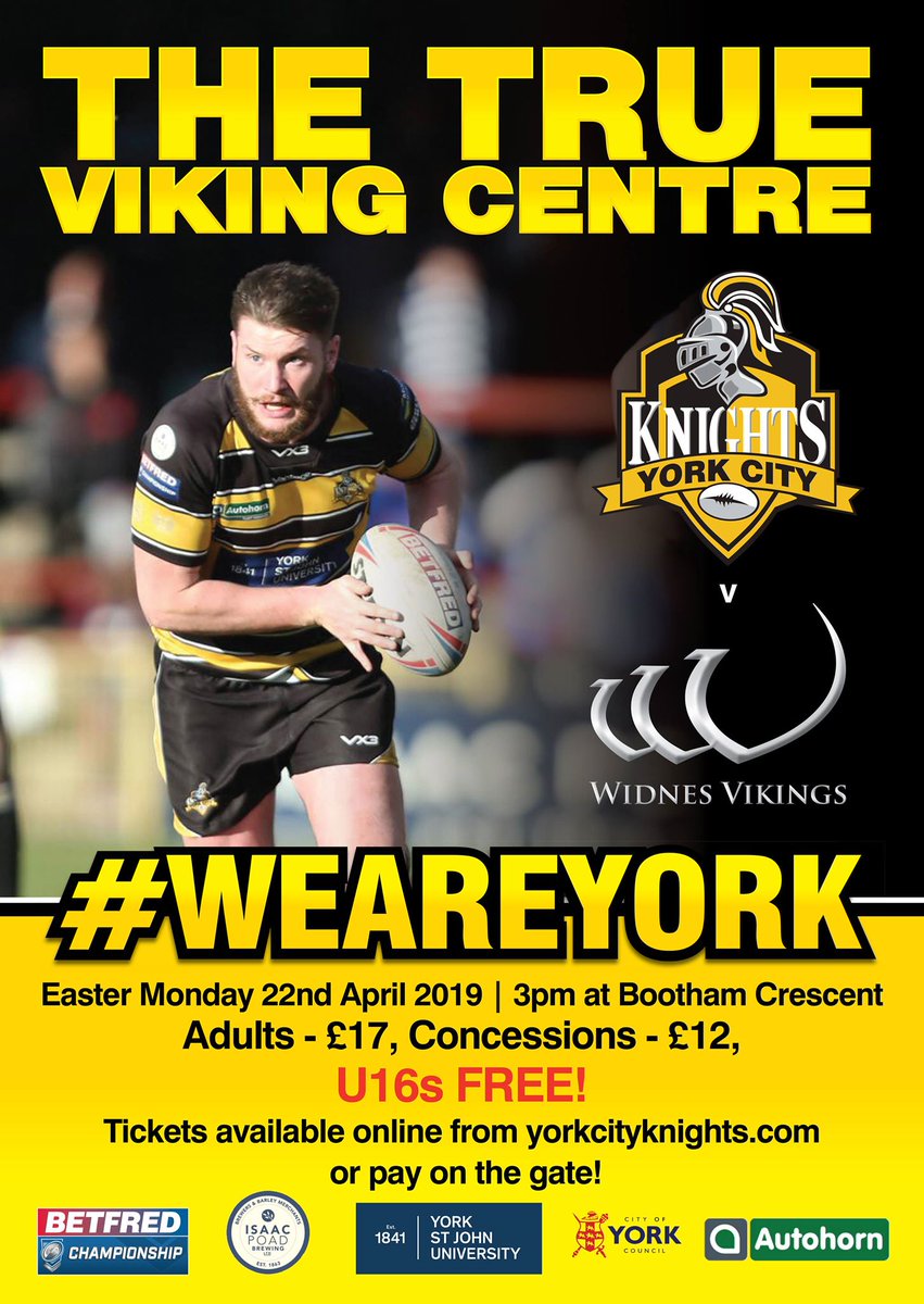 York RLFC Knights (@yorkrlfc) on Twitter photo NEXT UP AT BOOTHAM CRESCENT: Can the Knights get quick revenge?
Get your tickets for the Knights huge game against <a href="/WidnesRL/">Widnes Vikings</a> on Easter Monday NOW!
🎫 Bit.ly/KnightsWidnes
#WeAreJorvik⚔ NEXT UP AT BOOTHAM CRESCENT: Can the Knights get quick revenge?
Get your tickets for the Knights huge game against <a href="/WidnesRL/">Widnes Vikings</a> on Easter Monday NOW!
🎫 Bit.ly/KnightsWidnes
#WeAreJorvik⚔