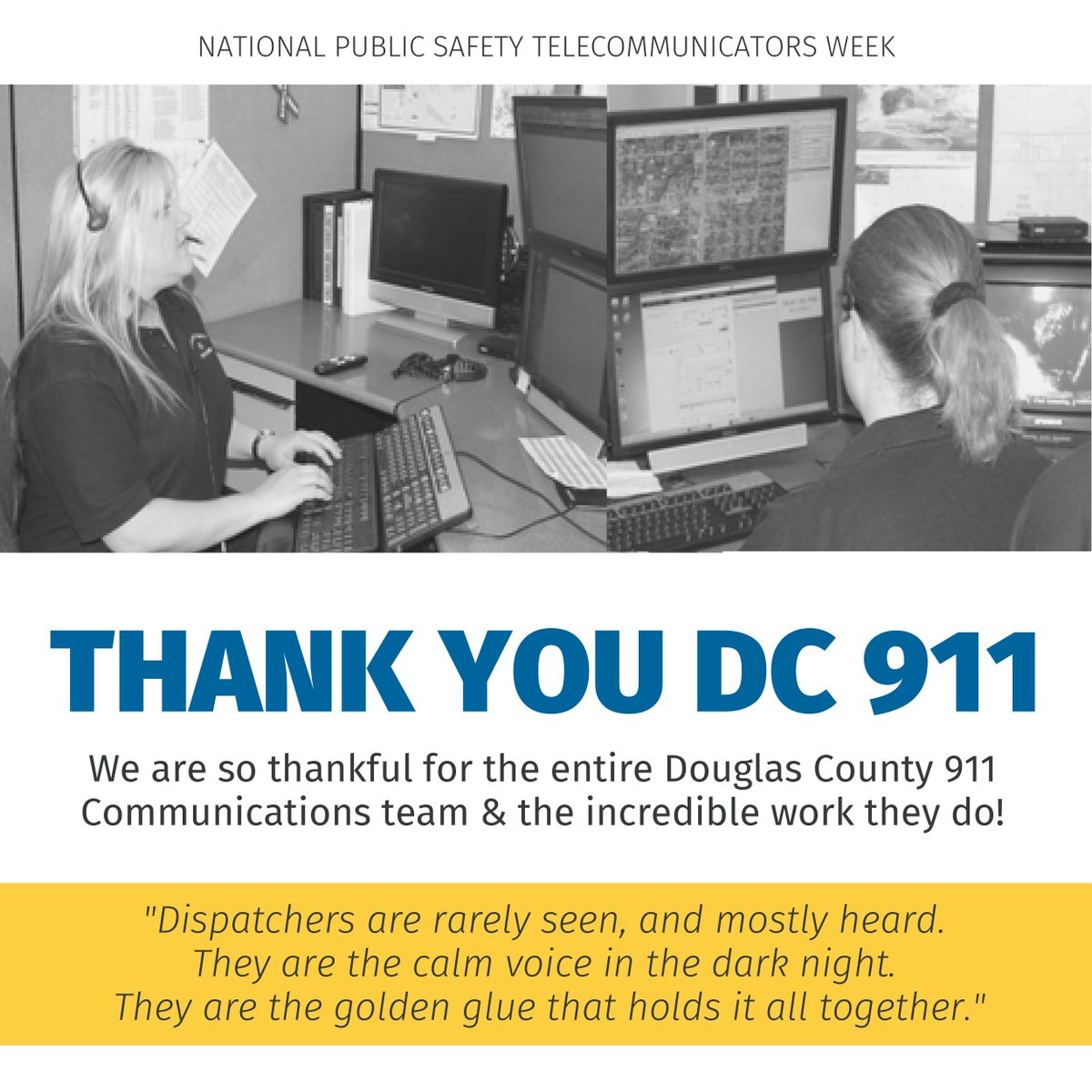 This week is National Public Safety Telecommunicators Week! We are so thankful for the entire @DCNE911 team and the incredible work they do! #ThankYou911 #ThankADispatcher 💛