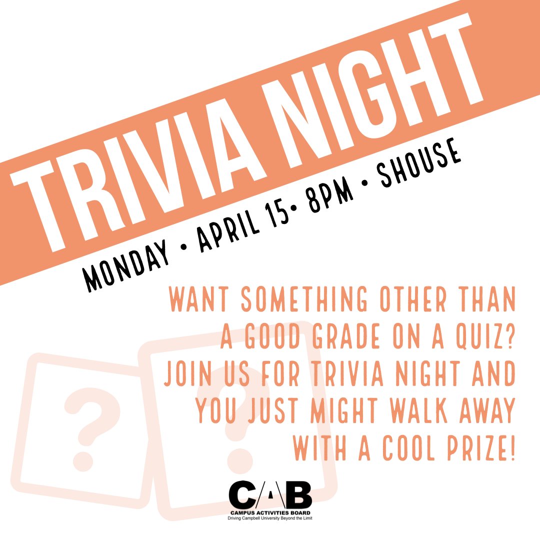 Hey camels! Happy Monday! Last week was our LAST FULL WEEK OF THE YEAR! Can you believe it? We’ve got a few final events for you before summer so be sure to join us tonight in shouse for general trivia at 8pm!