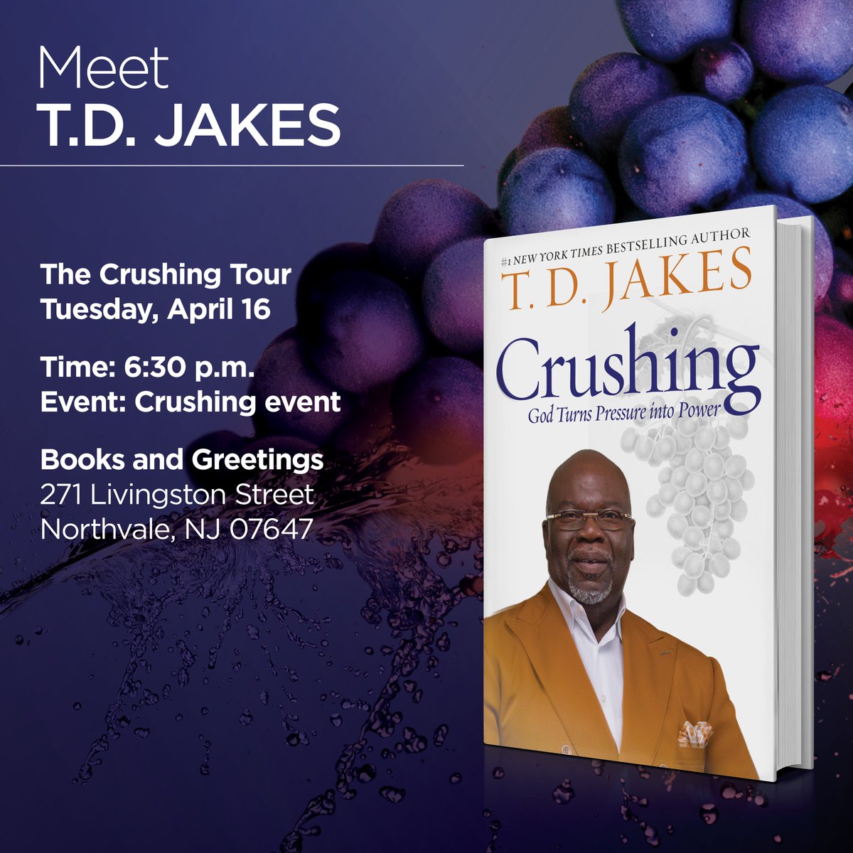 BishopJakes's tweet image. New Jersey, I’d be honored if you joined me tomorrow @BooksAndGreetings, as I share my book, Crushing. Will I see you during my #ItCrushedMe tour? 

Don’t forget; we’re offering a $1,000 giveaway to one person. To learn more, visit itcrushedme.com. | #ItCrushedMe