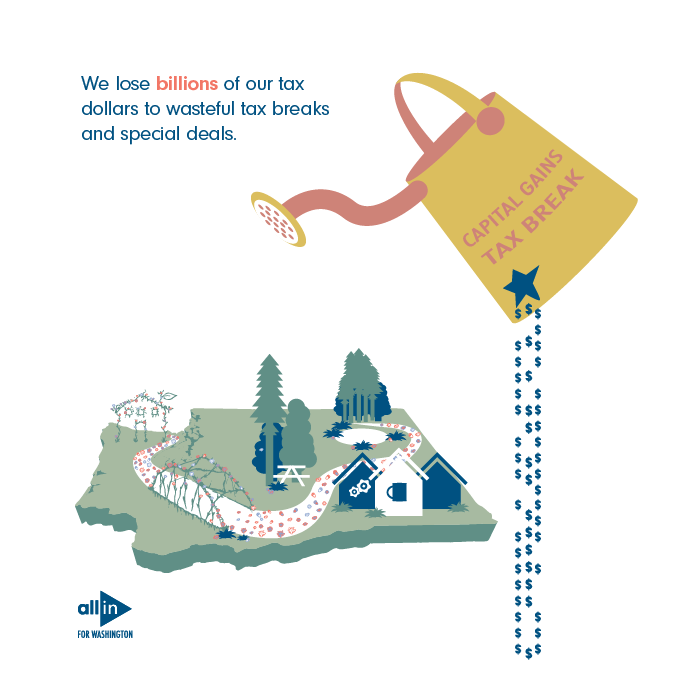 budget_policy's tweet photo. WA’s #terribletaxcode includes hundreds of wasteful tax breaks for powerful special interests and the wealthiest 1% — the tax break on capital gains is one of them. It’s time for #WAleg to end the tax break on capital gains and #balanceourtaxcode! #TaxDay2019 https://t.co/O6gBW2wnmd