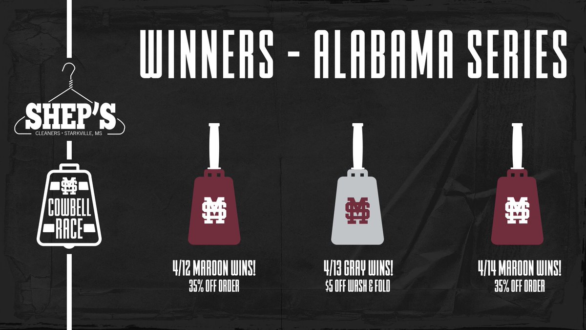 Bulldog fans, don’t forget to bring your <a href="/HailStateBB/">Mississippi State Baseball</a> ticket from the Alabama series to <a href="/ShepsCleaners/">Shep's Cleaners</a> this week to receive a discount! #HailState