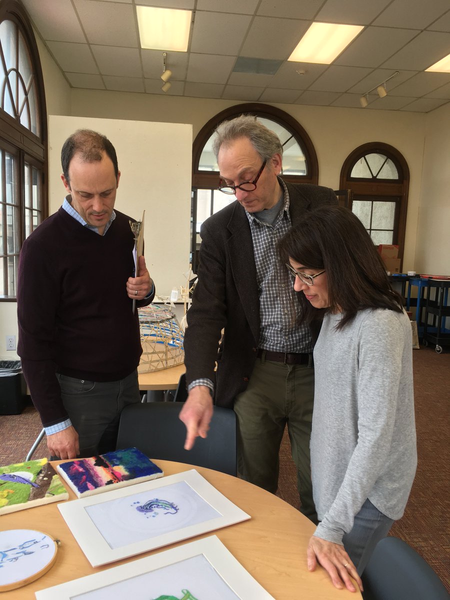 Christopher Abrams, Larry Pollans & Claudia Olds Goldie (barely rested after her BSG show opened last week!) working to choose the winners of the 2019 Small Independent School Art League comps at the Dexter Southfield School on Saturday. @DX_SF_School