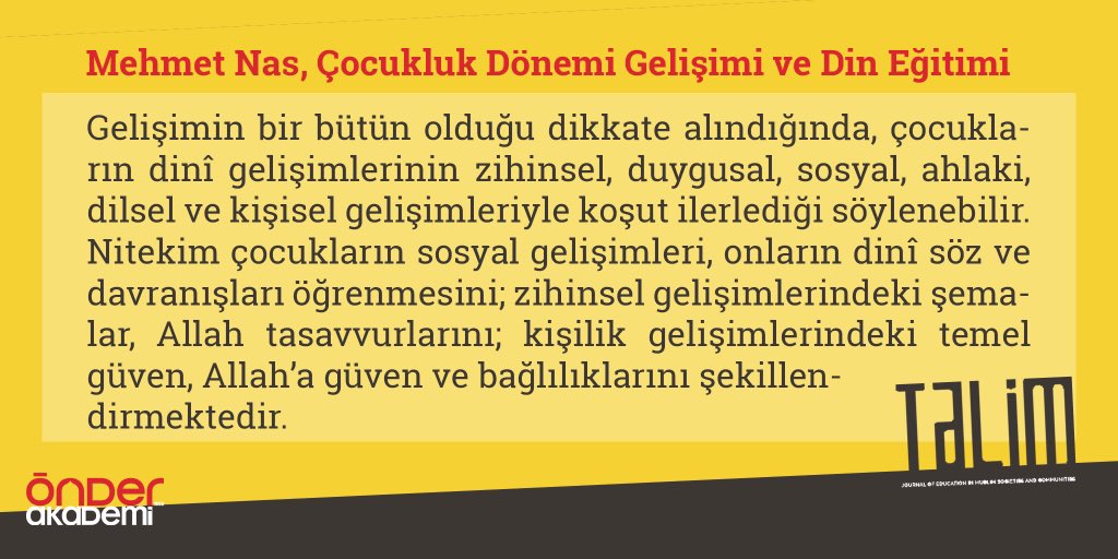 Dergimizin son sayısında Mehmet Nas’ın kaleme aldığı, çocuk gelişimi ve çocukların din eğitimi hakkındaki “Çocukluk Dönemi Gelişimi ve Din Eğitimi” başlıklı makaleyi link üzerinden okuyabilirsiniz: talimdergisi.com/wp-content/upl…