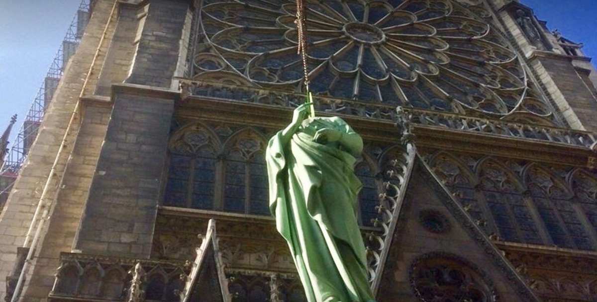 OSalleron's tweet photo. #NotreDame Dans ce malheur incommensurable... Un petit miracle : les 16 statues des apôtres et évangélistes (en cuivre) ont été démontées jeudi dernier pour restauration, donc sauvées... elles sont en sécurité à Perigueux ! https://t.co/lMQzJaHAGo