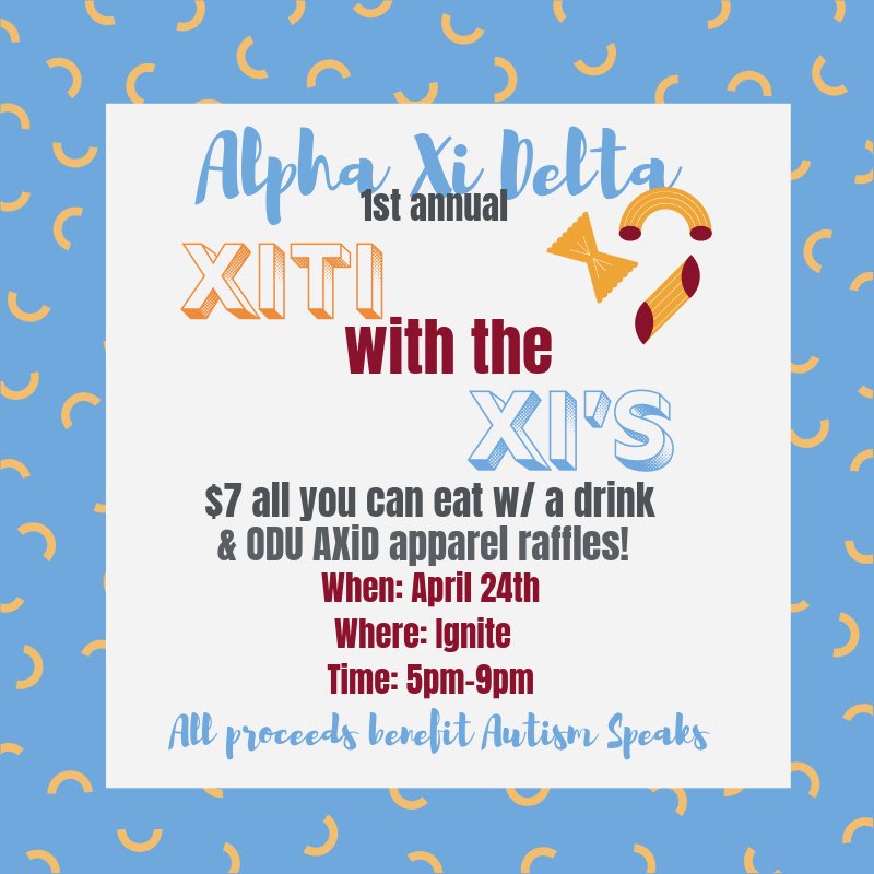 Happy Monday!! Come join Alpha Xi on April 24th and eat some yummy Xiti for $7 dollars!! Contact a sister to pre order or pay at the door! We can not wait to see you there!!💛🍝
