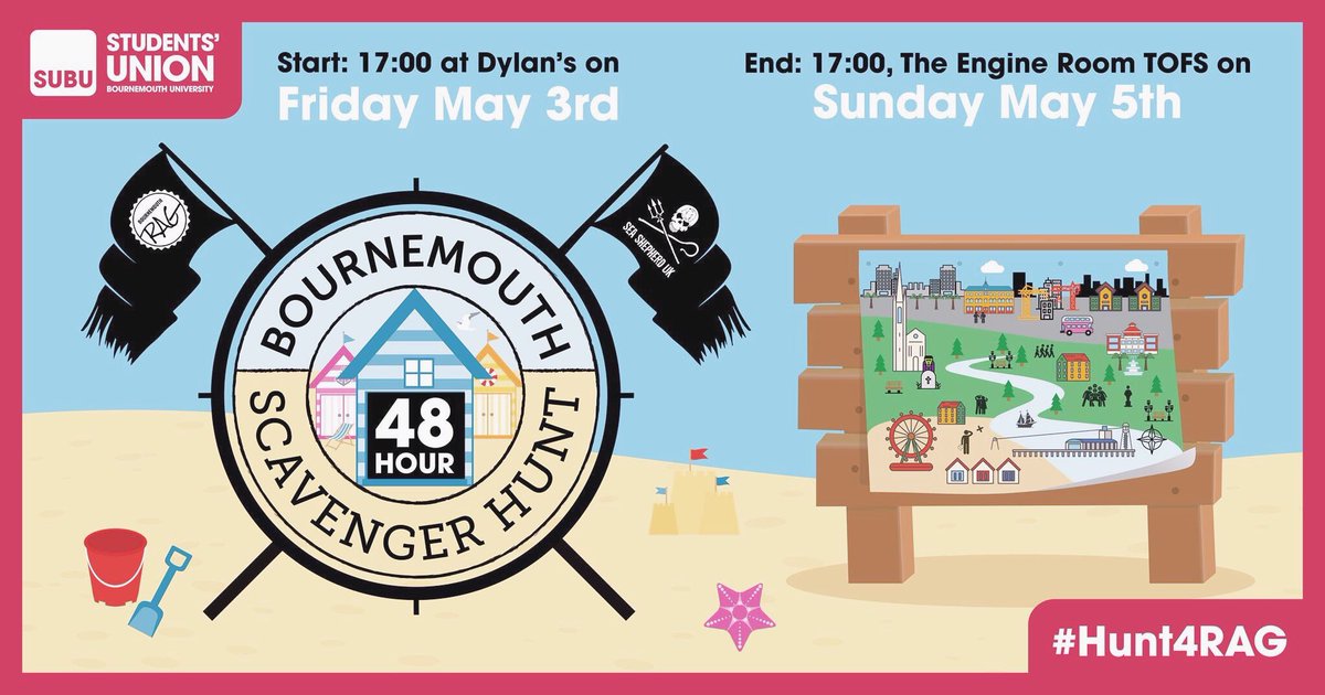 RAG’s last big event is coming up! Our city-wide, weekend-long scavenger hunt for charity, kicks off at Dylan's at 5pm on Friday 3rd May and wraps up in the Engine Room at TOFS at 5pm on Sunday 5th May!

Find out more, and register your team here:  
👉 subu.org.uk/ents/event/747/