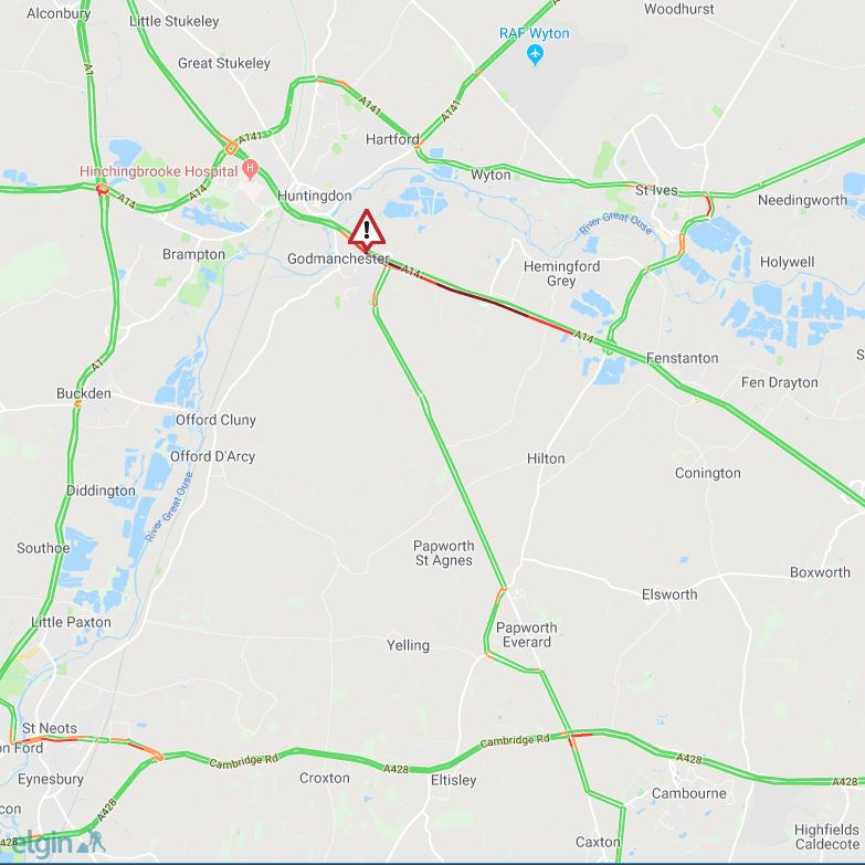 Cambs_Traffic's tweet photo. ⚠️ #A14 westbound J24 #Godmanchester - J23 #Spittals: Lane 1 (of 2) is CLOSED due to an obstruction. Queues of over 3 miles, nearing J26 #StIves. 
Please expect delays. https://t.co/7gROpwJNDu
