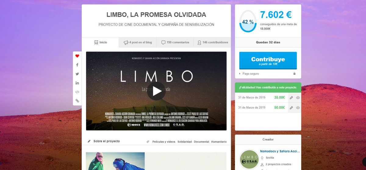 ¡¡Tenemos que volver a dar las gracias por el apoyo que seguimos recibiendo!!
Ya son 146 los colaboradores y hemos alcanzado ya un 42% del objetivo. "Limbo" está más cerca de convertirse en realidad.
Si aún no has colaborado, todavía estás a tiempo:
es.ulule.com/limbolapromesa/