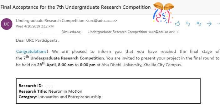NeuronInMotion's tweet photo. We are glad to tell you that NIM has reached the final stage of the 7th undergraduate Research Competition in Abu Dhabi 👏🏼🎉 #finalists https://t.co/qyhXM69U9t