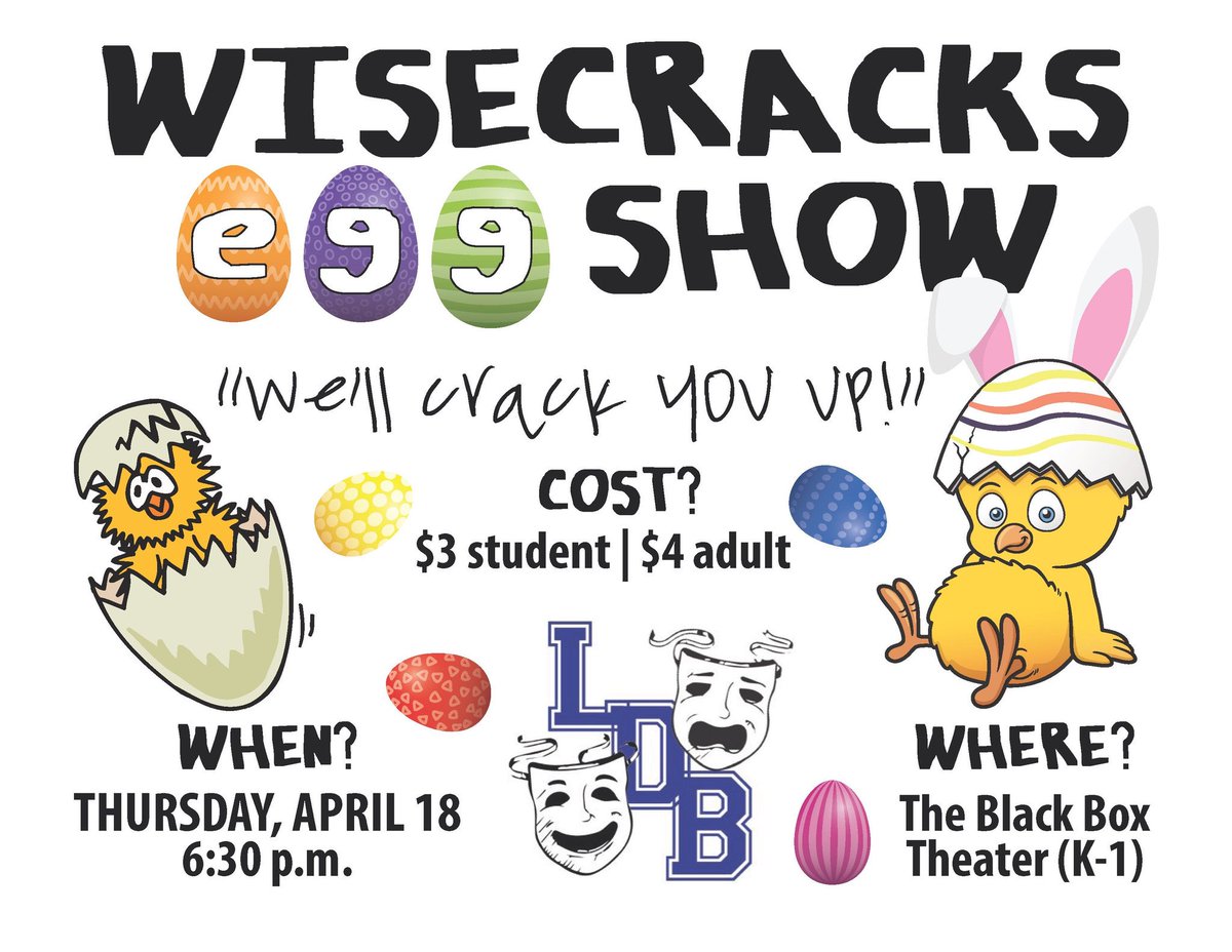 bellimprov's tweet photo. EGG-scuse us for interrupting your feed, but it's show week!

That's right! This Thursday, April 18th at 6:30 pm, we will have the Wisecracks Egg Show! Come out with friends and family and Grandma and Uncle Jim to have a laugh!

🐰🥚$3 at the door with student ID, $4 without🥚🐰 https://t.co/S8l0oyl6Mg