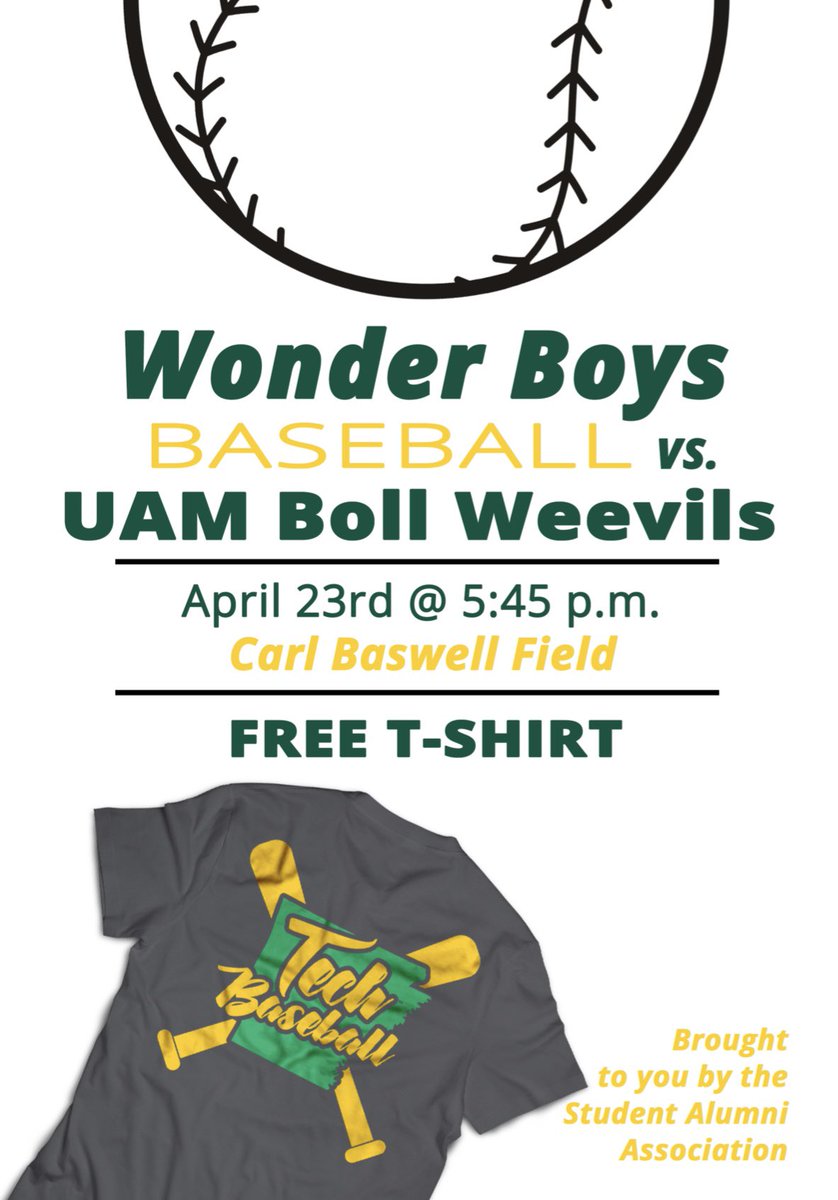 ATUPLC's tweet photo. Who doesn’t love a free t-shirt opportunity?? Come support ATU’s Golden Suns this Thursday and The Wonder Boys next Tuesday. Come get a free shirt provided by us and SAA! ⚾️⚾️⚾️ #atuplc #freeshirt #heckyeahtechyeah #goldensuns #wonderboys https://t.co/r6q1vi9hVC
