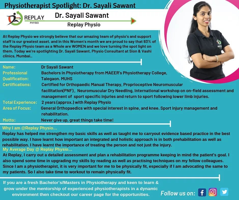 ReplayPhysio's tweet photo. Meet One more member from our incredible team at Replay Physiotherapy 
Today's Spotlight :- Dr. Sayali Sawant.

#replay #physio #replayphysio #doctors #replayjuhu #replayvashi #replaydadar #replaysion #spotlight #women #empolyee https://t.co/8zdeMof96K