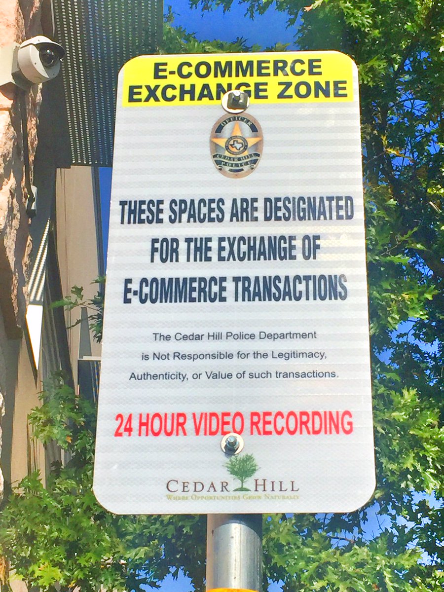 CedarHillPolice's tweet photo. Buying or selling something on #craigslist, @offerup , @letgo , or others?  Make your exchange a safer exchange by using our #ExchangeZone located on the east end of our building in the front parking lot. https://t.co/vEPCfw1GKi