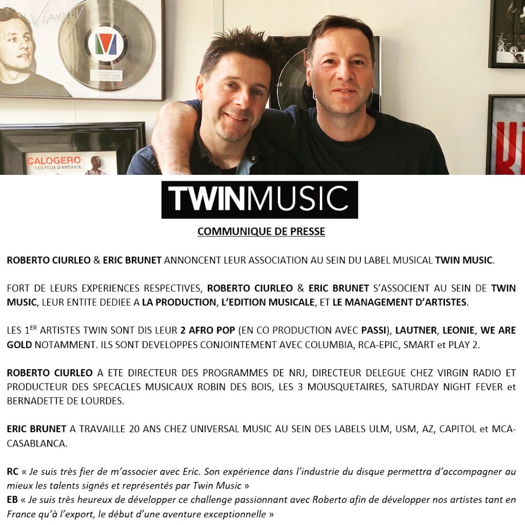 EricBrunetMusic's tweet photo. New musical adventure! TWIN MUSIC 🎶  Label - Producing - Publishing &amp; Managment of artists avec Roberto Ciurleo
LET’S GO! #CaVaEtreEnormeBaby
(Nouvel e-mail eric.brunet@twinmusic.fr) https://t.co/cJ7HeefH2v