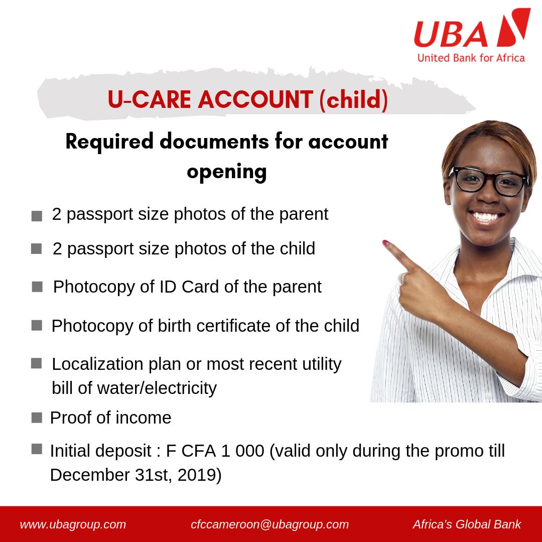 ubacameroon's tweet photo. Why not take advantage of our Grand Promo and open an account for your child today?
Go to the nearest branch with the requirements detailed in the picture.
#BankAccountForAll #SavingsAccount #UCareAccount #SaveForTomorrow #SaveForLife https://t.co/udOEOTHdKY