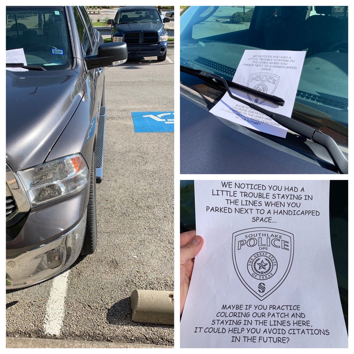 We try to avoid snark and sass (we REALLY do 😉), but sometimes our fair citizens make it hard.

Please stay in the lines when you park ESPECIALLY if it's next to a handicapped spot or you might be the recipient of one of our new fliers.

Be kind and drive kind and park kind!