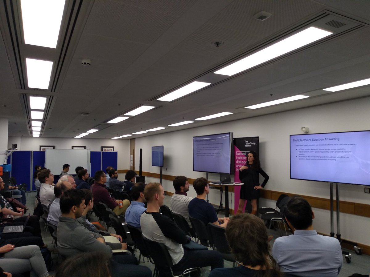 ucl_nlp's tweet photo. Full room for Marzieh (@marzieh_saeidi) and Max (@_mbartolo) presenting their work - Interpretation of Natural Language Rules in Conversational Machine Reading (https://t.co/m2nR9hEwhG) - at the South England NLP meetup! https://t.co/lNdr8wJUxv