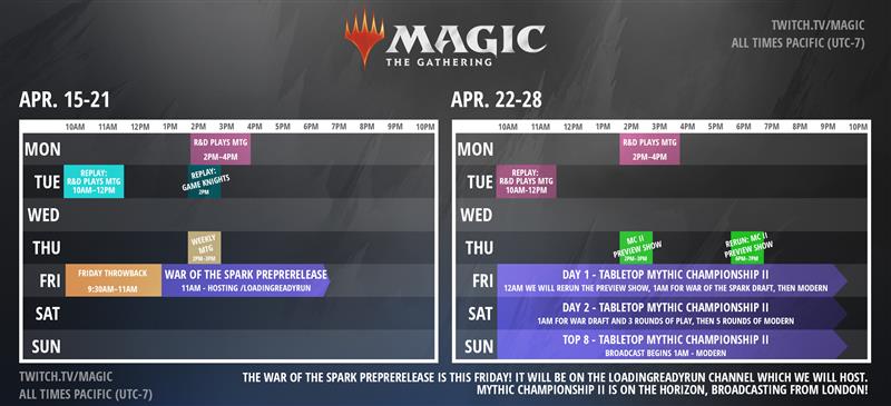 wizards_magic's tweet photo. We've got great things coming up on https://t.co/nUzYF5CPS3 this week! A special rebroadcast of @commandcast's Game Knights featuring @TolarianCollege and @TheManaSource, a Friday throwback of the #PTHOU semifinals, and the @loadingreadyrun #MTGWAR Pre-Prerelease! https://t.co/ZYhl1lk6Av