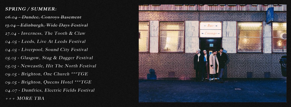 Live at the following. 

<a href="/thegreatescape/">The Great Escape</a> <a href="/SoundCity/">Liverpool Sound City</a> <a href="/liveatleedsfest/">Live at Leeds</a> <a href="/tenement_trail/">TENEMENT TRAIL</a> <a href="/hitthenorthfest/">Hit The North Festival</a> <a href="/StagDaggerGLA/">Stag & Dagger GLA</a> @Electric_Fields <a href="/widedays/">Wide Days</a> 

More TBA.