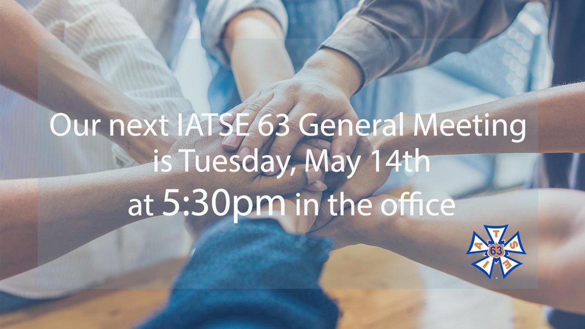 iatse63's tweet photo. Our next IATSE 63 General Meeting is May 14th at 5:30pm in the office. 

Please tell all IATSE 63 members about this meeting. Without meeting together and engaging in constructive discussion we can't move forward.

We have much to do so please attend this meeting. 

#iatse63 https://t.co/A2OTMm0fwE