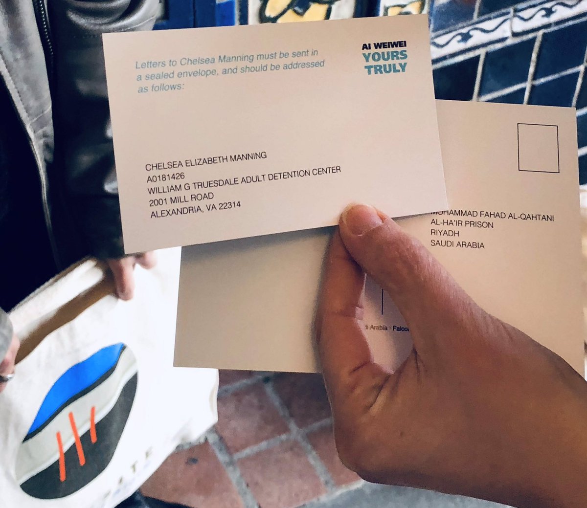Cards were handed out to send letters (she can’t get postcards) See @ChelseaResists & www.xychelsea.is for more details

Chelsea Elizabeth Manning
A0181426
William G. Truesdale Adult Detention Center
2001 Mill Road
Alexandria, VA 22314