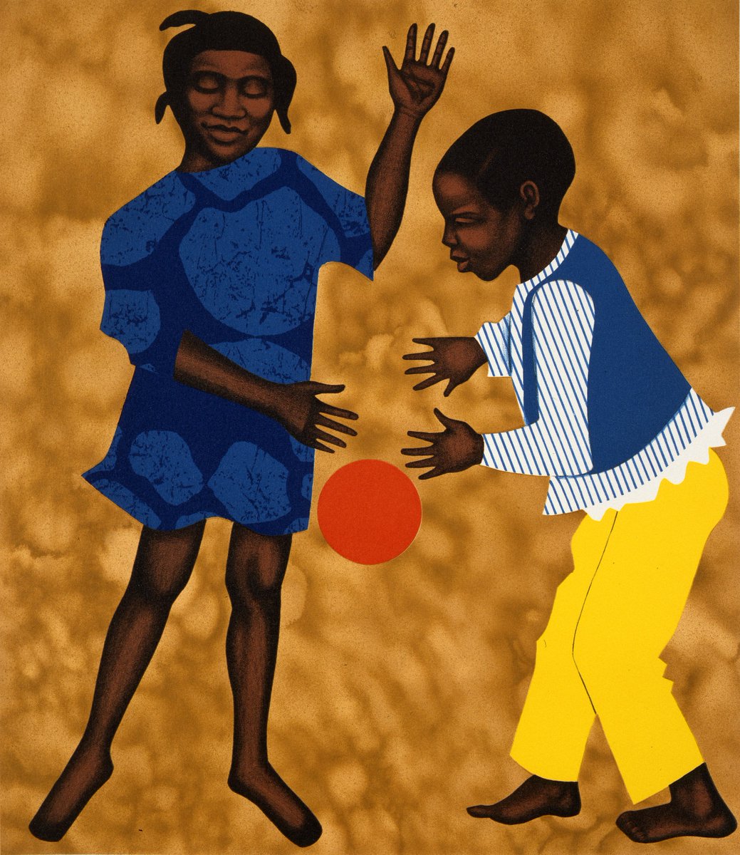 A young black boy and girl bounce a red ball together against a yellowish-brown background.